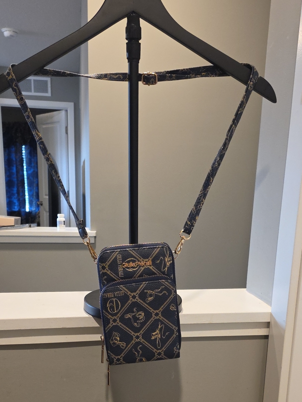 Navy Patterned Crossbody Phone Wallet with Gold Accents